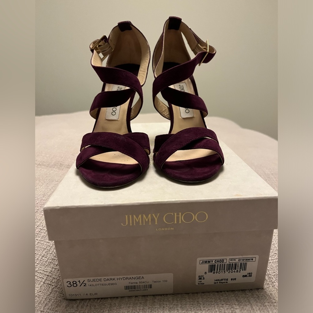 Jimmy Choo Louise heel sandal dark suede hydrangea.